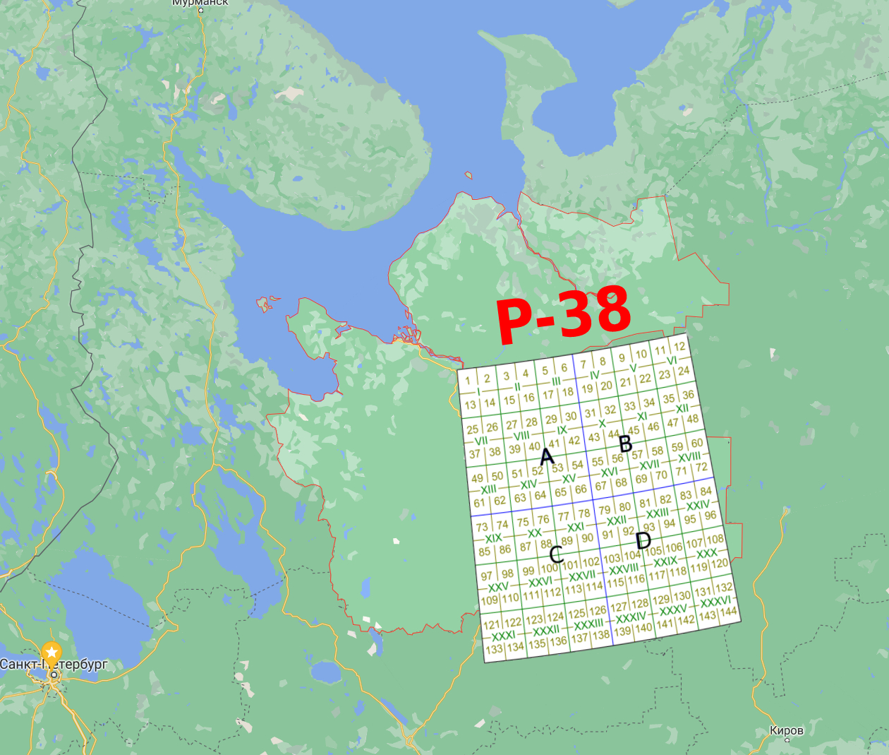 Схема квадрантов карты P-36 Архангельской области на карте России 