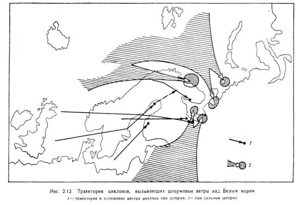 Рис. 2.13 Траектория циклонов, вызывающих штормовые ветры над Белым морем 