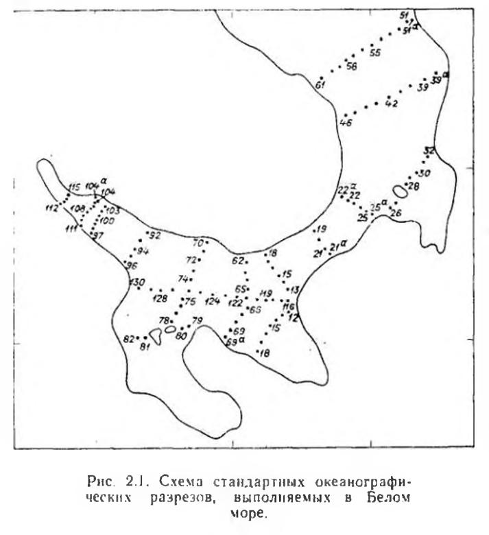 Рис. 2.1. Схема стандартных океанографи­ ческих разрезов, выполняемых в Белом море