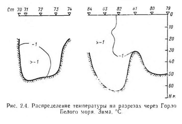 Рис. 2.4. Распределение температуры на разрезал через Горло Белого моря. Зима, °С